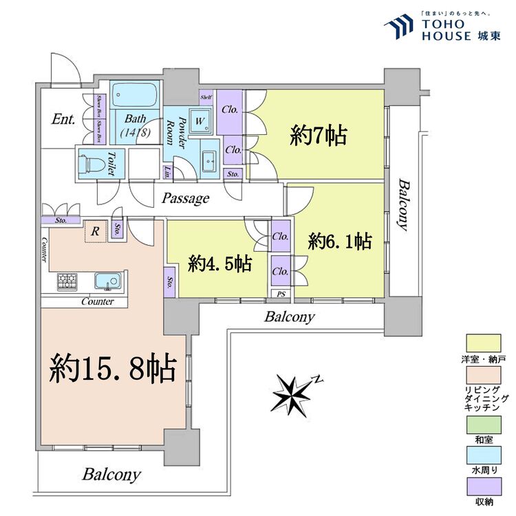 間取り ３ＬＤＫ、専有面積８０．５７平米、バルコニー面積２２．７２平米