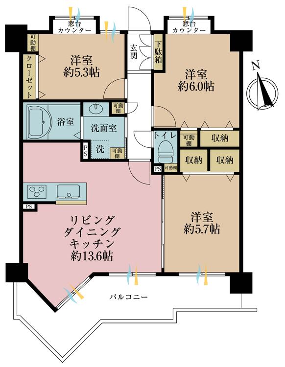 その他 3LDK、専有面積65.88?、バルコニー面積13.2? 