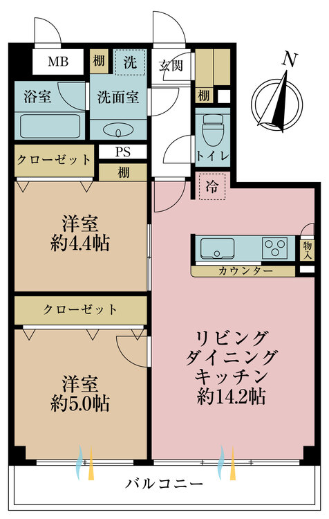 間取り 2LDK、専有面積54.76m2、バルコニー面積8.44m2