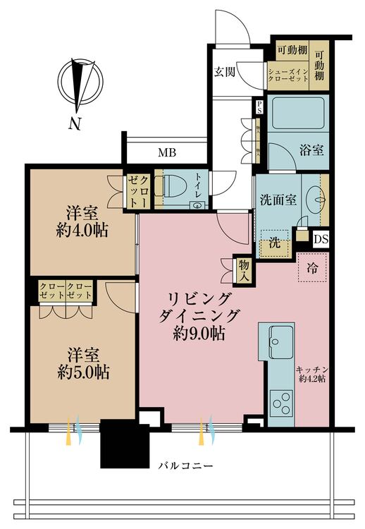 間取り 2LDK、専有面積56.29m2、バルコニー面積14.35m2