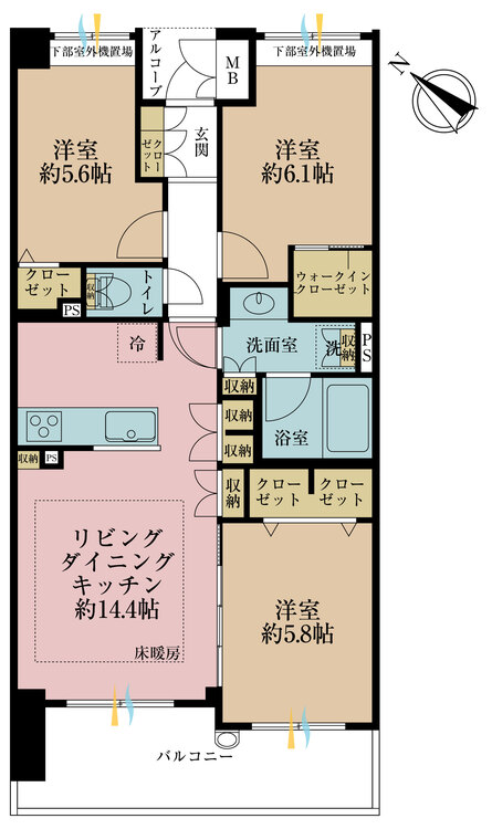 間取り 3LDK、専有面積69.07?、バルコニー面積9.75?