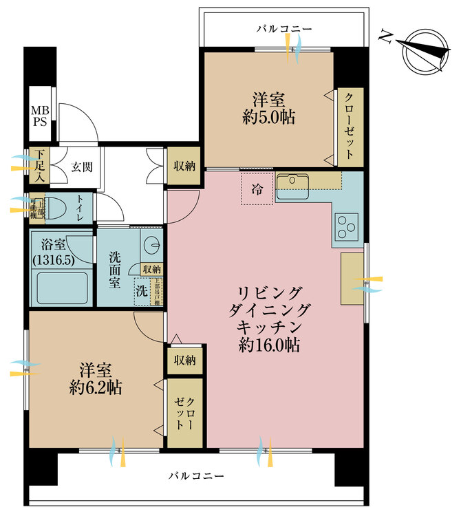 その他 2LDK、専有面積60.9m2、バルコニー面積13.33m2