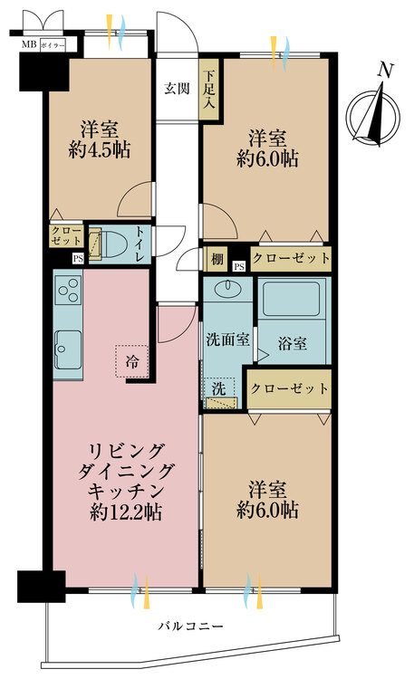 間取り ３ＬＤＫ、専有面積６２．６４平米、バルコニー面積６．７４平米