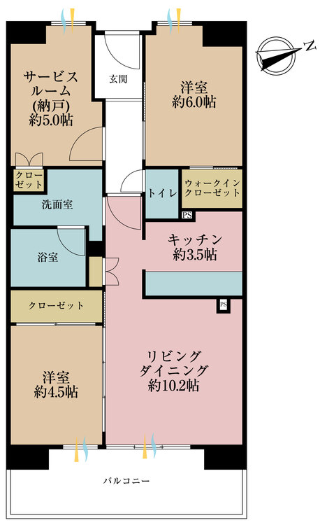 間取り ２ＳＬＤＫ、専有面積６５．１平米、バルコニー面積確認中
