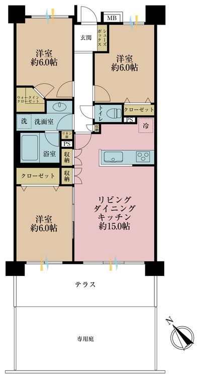 間取り ３ＬＤＫ、専有面積７３．３１平米、テラス面積３２．５０平米
