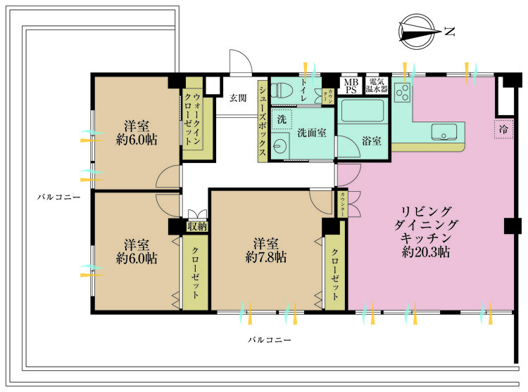 その他 3LDK、専有面積91.49m2、バルコニー面積47.69m2