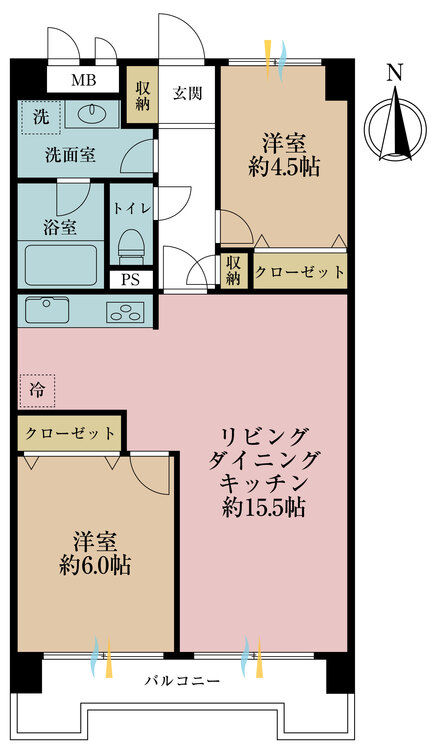 その他 2LDK、専有面積58.24m2、バルコニー面積6.77m2