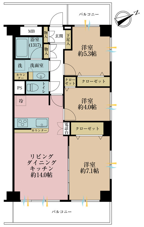 その他 3LDK、専有面積69.44m2、バルコニー面積12.6m2