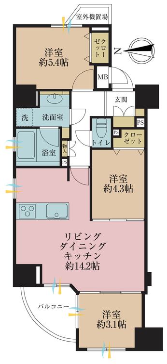 間取り ３ＬＤＫ、専有面積６０．６６平米、バルコニー面積３．５８平米