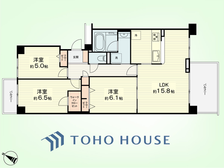 間取り 3LDK　専有面積74.14平米、バルコニー面積11.1平米