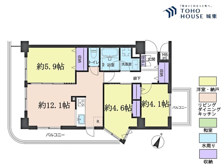 間取り 3LDK、専有面積60.9平米、バルコニー面積17.71平米