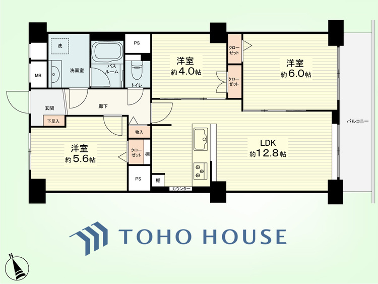 間取り 3LDK　専有面積61.05平米、バルコニー面積7.15平米