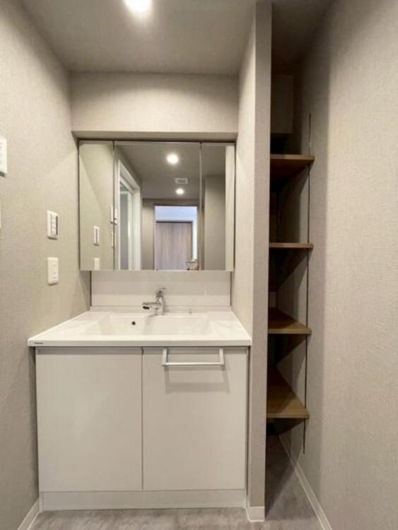 洗面 鏡面裏が収納となっており小物もすっきりと収納できる洗面台 
