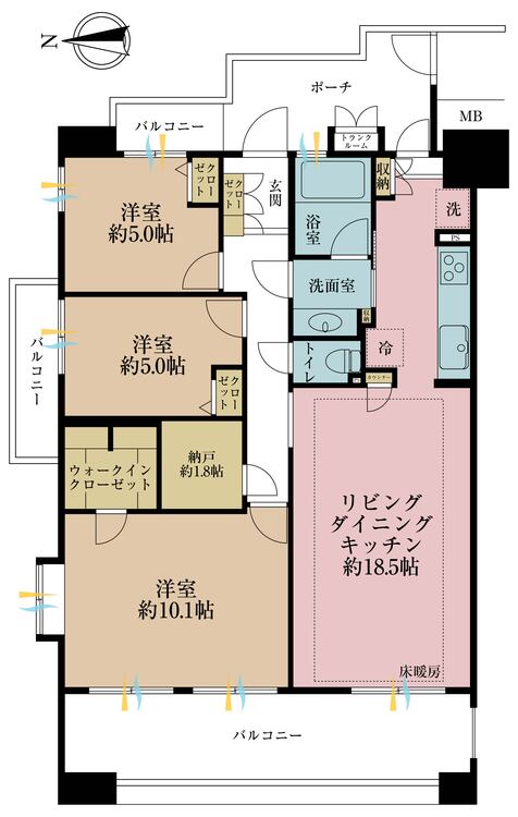 間取り 3LDK、専有面積86.1平米、バルコニー面積22.32平米