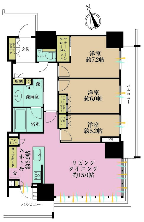 その他 3LDK、専有面積85.77m2、バルコニー面積15.57m2