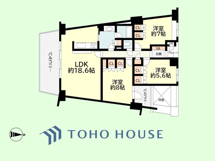 間取り 3LDK　専有面積86.86平米、バルコニー面積16.14平米