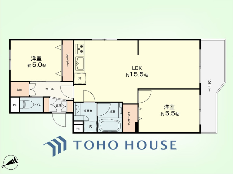 間取り 2LDK　専有面積58.29平米、バルコニー面積7.00平米