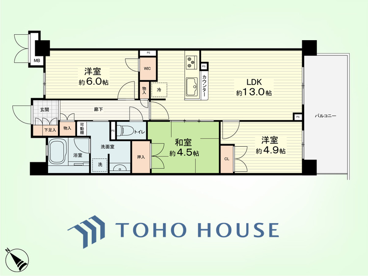 間取り 3LDK　専有面積64.81平米、バルコニー面積10.65平米