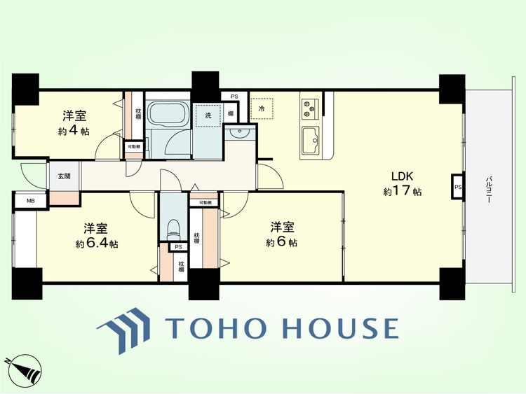 間取り 3LDK　専有面積74.19平米、バルコニー面積7.98平米