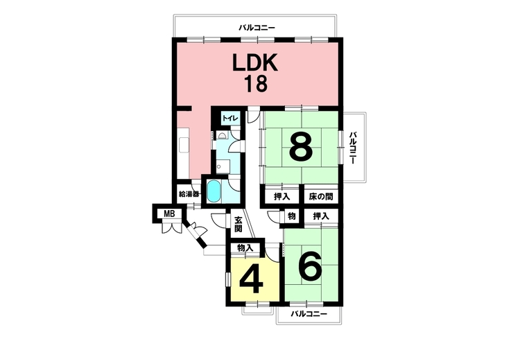 間取り 3LDK、3面バルコニー、南西角部屋【専有面積95.14m2】