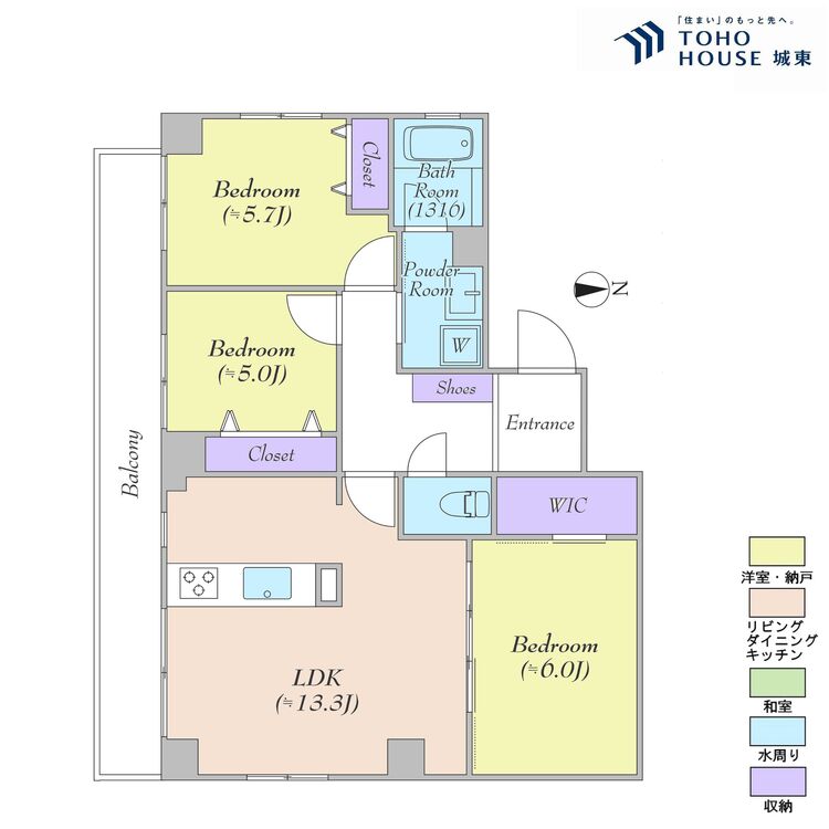 間取り ３ＬＤＫ、専有面積６５．０５平米、バルコニー面積７．３８平米