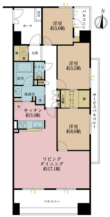 間取り ３ＬＤＫ、専有面積８３．８平米、バルコニー面積２２．０３平米