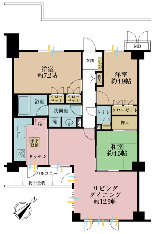 間取り ３ＬＤＫ、専有面積７１．１６平米、バルコニー面積４．８１平米