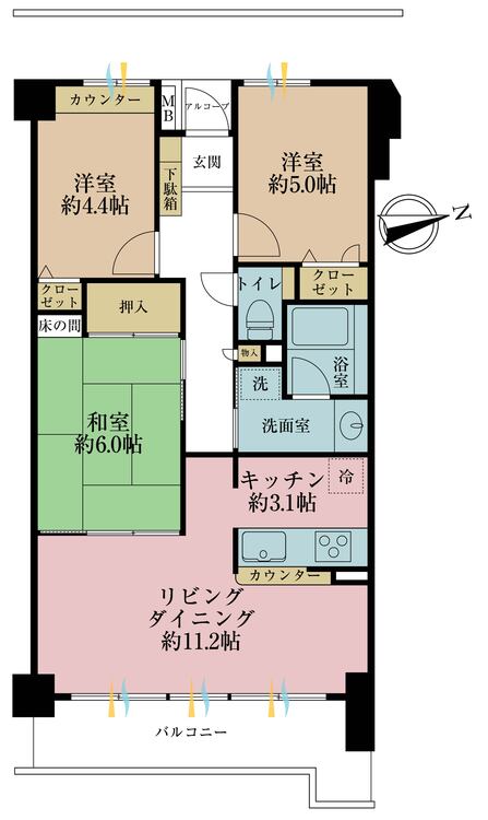 間取り ３ＬＤＫ、専有面積６６．１１平米、バルコニー面積９．１９平米