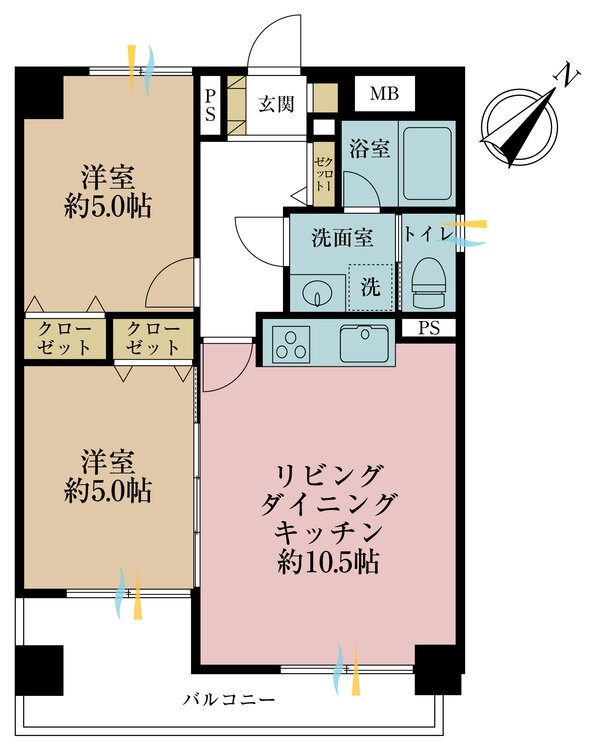 間取り ２ＬＤＫ、専有面積５０．９９平米、バルコニー面積８．４平米