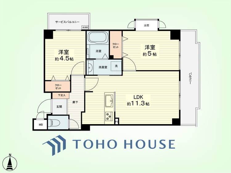 間取り 2LDK　専有面積51.78平米、バルコニー面積11.60平米