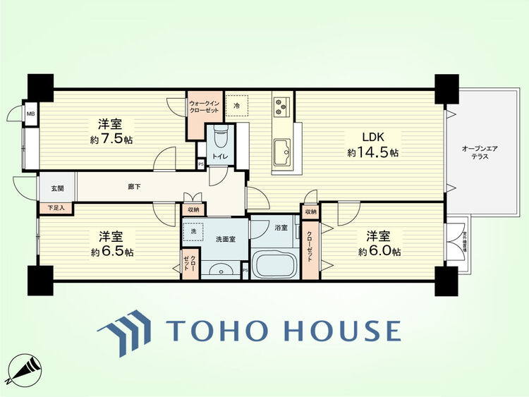 間取り 3LDK　専有面積76.50平米、バルコニー面積8.87平米