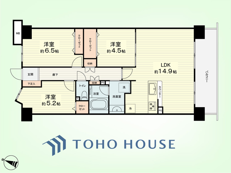 間取り 3LDK　専有面積72.28平米、バルコニー面積9.60平米