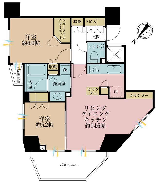 間取り ２ＬＤＫ、専有面積５８．１４平米、バルコニー面積７．４７平米