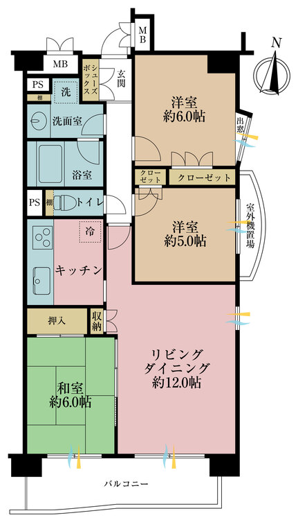 間取り ３ＬＤＫ、専有面積７０．０２平米、バルコニー面積８．２２平米