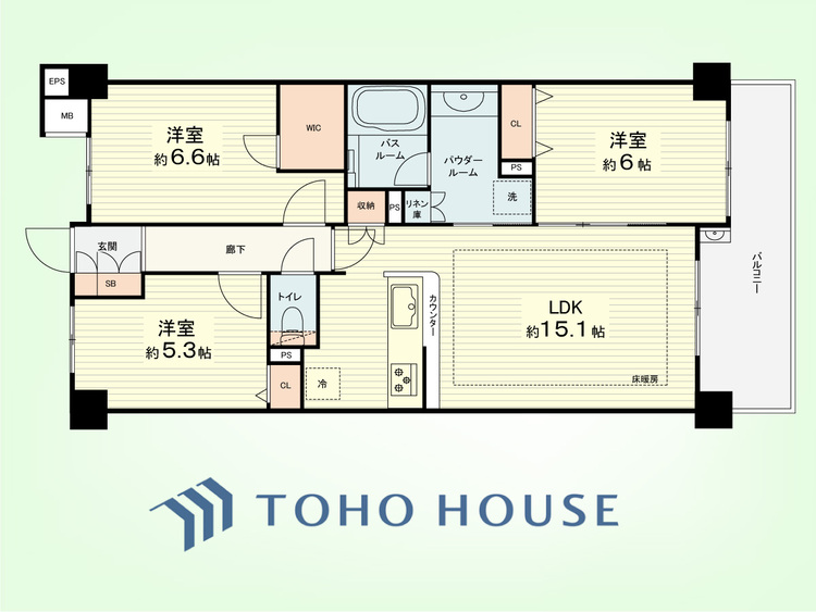 間取り 3LDK+リネン庫　専有面積72.33平米、バルコニー面積9.48平米