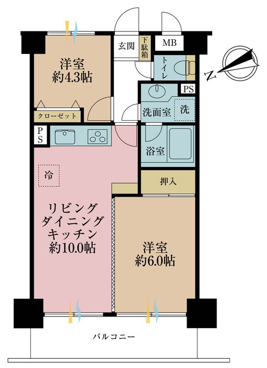 間取り ２ＬＤＫ、専有面積４７．１７平米、バルコニー面積６．３６平米