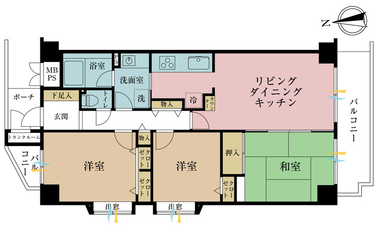 間取り ３ＬＤＫ、専有面積７４．９４平米、バルコニー面積調査中