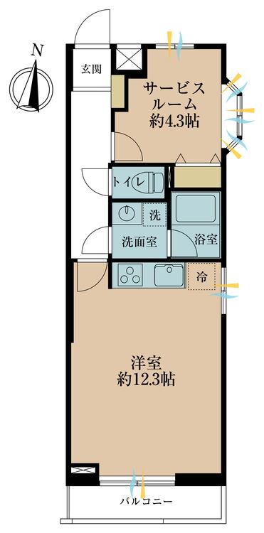 間取り ワンルーム+S、専有面積40.66平米、バルコニー面積3.45平米