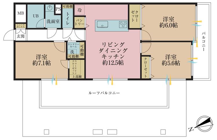 間取り ３ＬＤＫ、専有面積６９．６６平米、バルコニー面積５４．３４平米