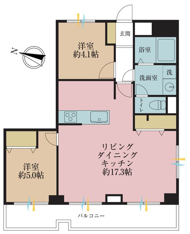 間取り ２ＬＤＫ、専有面積５７．６平米、バルコニー面積９．２平米