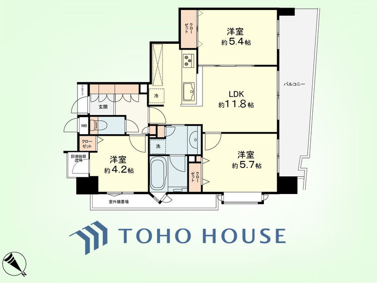 間取り 3LDK　専有面積60.28平米、バルコニー面積8.64平米