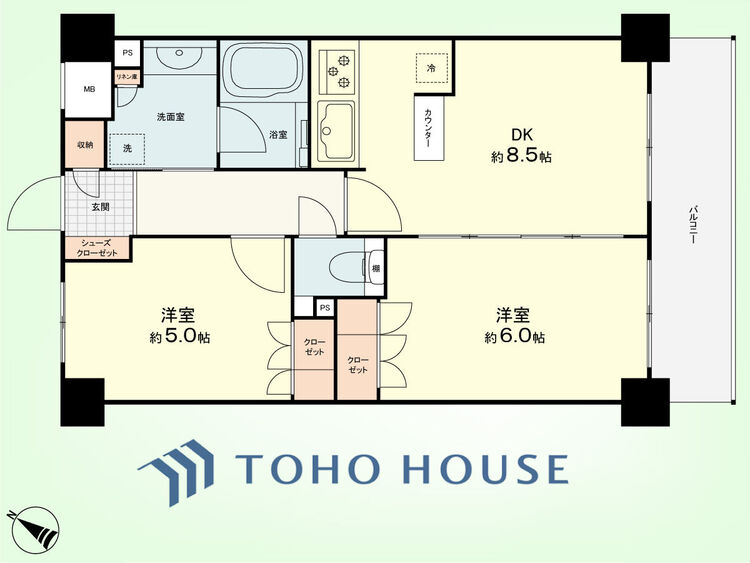 間取り 2DK　専有面積45.6平米、バルコニー面積7.02平米