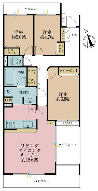 間取り ３ＬＤＫ、専有面積７７．５３平米、バルコニー面積１３．４１平米