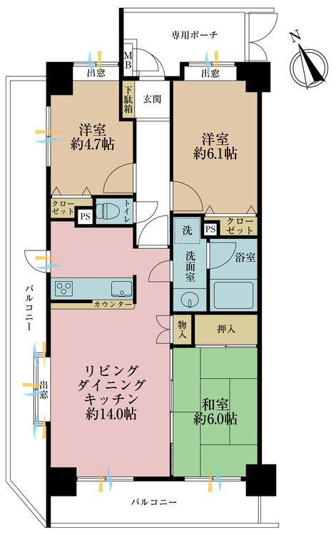 間取り ３ＬＤＫ、専有面積６９．４４平米、バルコニー面積２１．３６平米