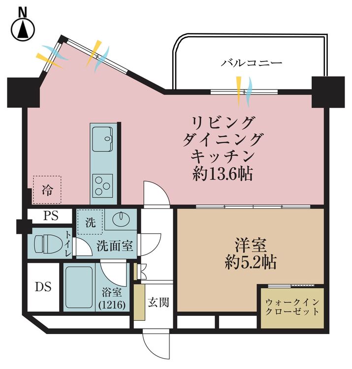 間取り １ＬＤＫ、専有面積４５．７７平米、バルコニー面積３．１８平米