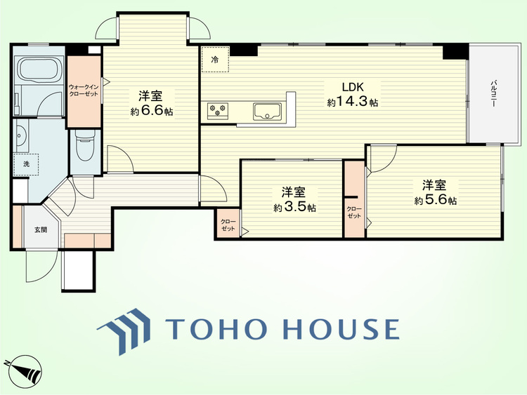 間取り 3LDK　専有面積63.21平米、バルコニー面積3.0平米