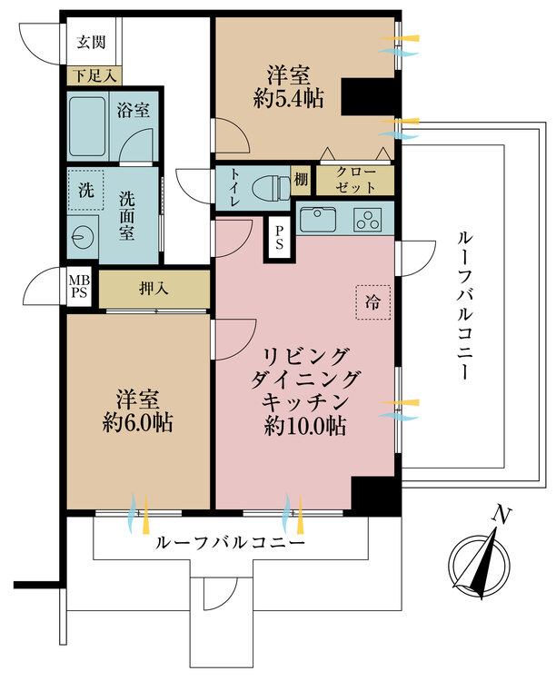間取り 2LDK、専有面積55.51平米、バルコニー面積12.4平米