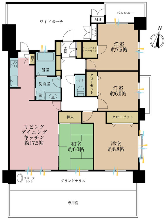 間取り ４ＬＤＫ、専有面積１００．７２平米、テラス面積２０．７２平米、専用庭面積３２平米