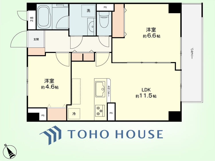 間取り 2LDK　専有面積53.86平米、バルコニー面積5.30平米