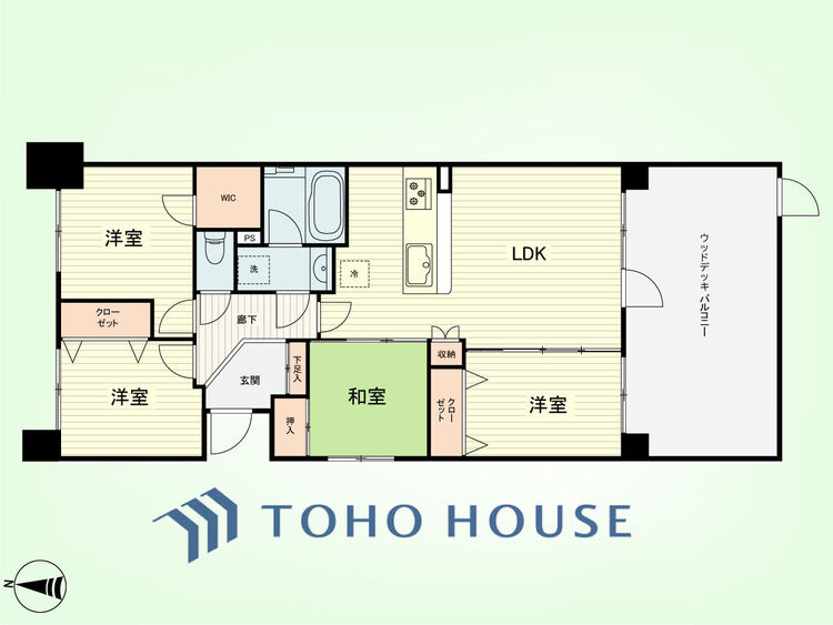 間取り 4LDK　専有面積80.72平米、バルコニー面積24.32平米